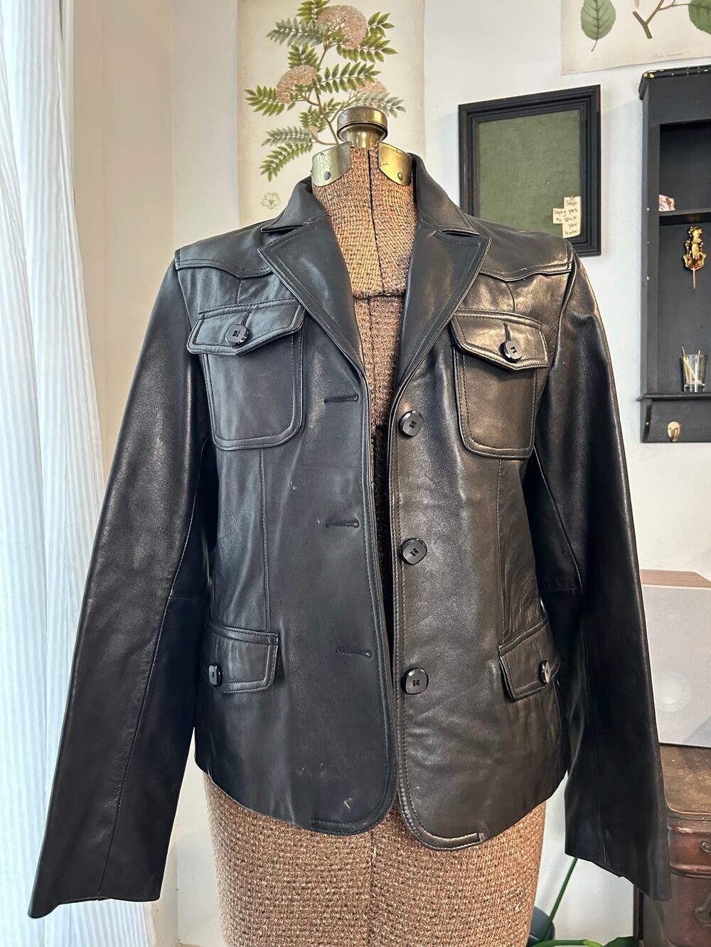 Wilsons Leather Black Leather Western Jacket Paisley Lining Button Front Medium